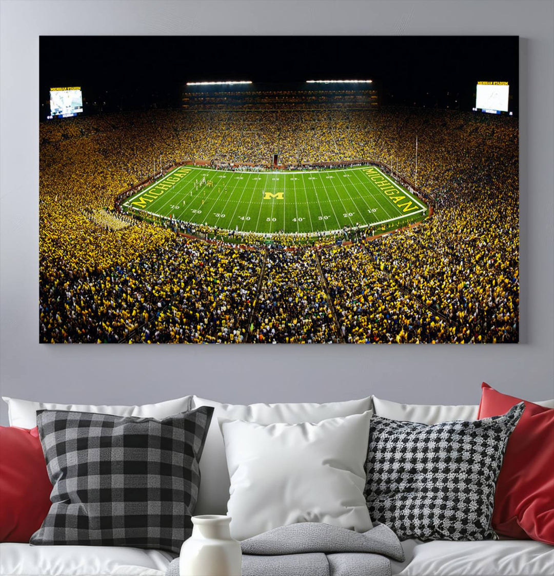 Michigan Wolverines Football Team Print - Michigan Stadium Night Game Triple Canvas Wall Art - University of Michigan Football Match