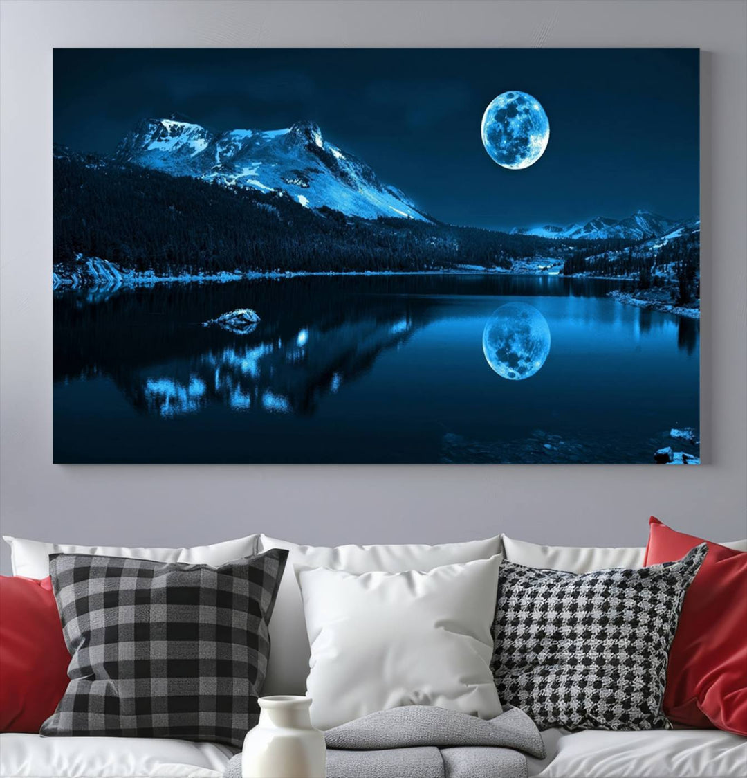 Blue Moon Mountain Lake Landscape Framed Wall Art Canvas Print