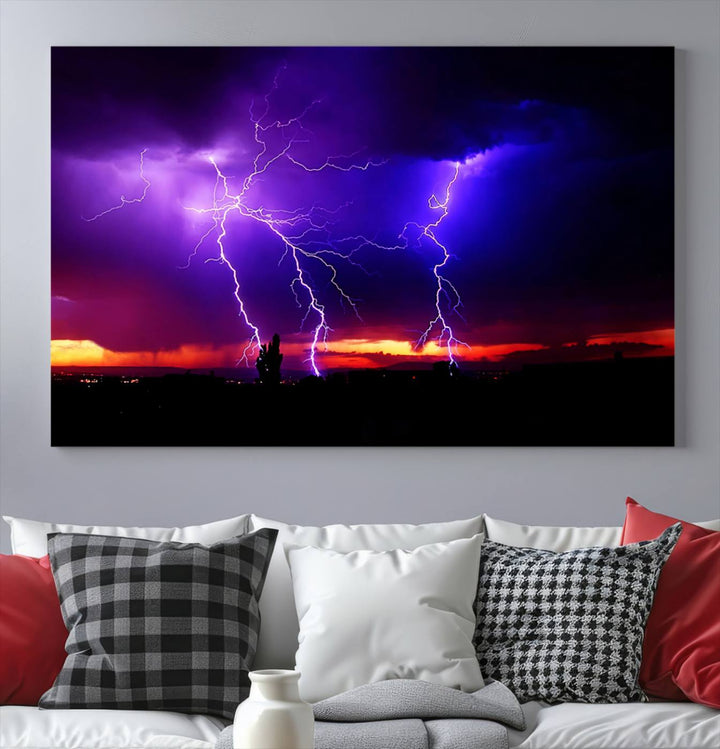 Electrifying Sunset Thunderstorm Canvas Print – Dramatic Lightning and Vibrant Sunset Wall Art