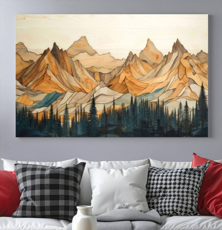 Rustic Wood Style Mountain Wall Art Print | Triptych Giclee Print Featuring Handcrafted Forest and Mountain Range Design | Framed Ready-to-Hang Print