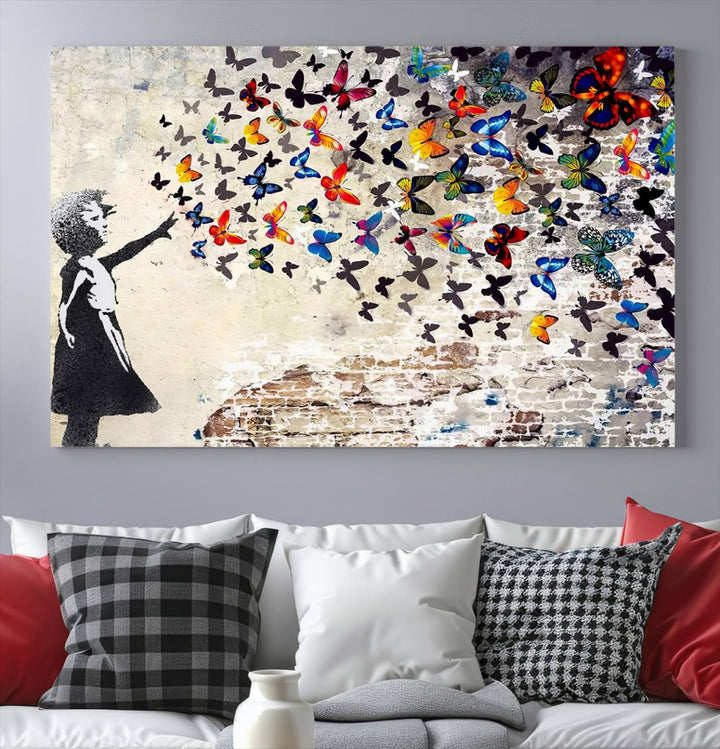 Banksy Style Girl with Butterflies Wall Art - Beautiful Framed Ready-to-Hang Triptych Canvas - Vibrant Butterfly Street Art for Modern Decor