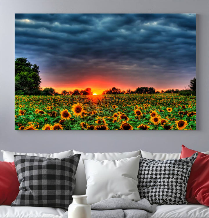 Golden Sunflower Field at Sunset – Breathtaking Sky and Vibrant Flowers, Ready to Hang Wall Art Canvas Print