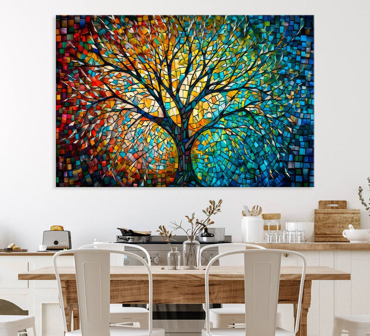 Explore the Yggdrasil Tree of Life Wall Art Print, a 3-panel canvas print made in the USA, featuring a vibrant multicolor mosaic design.