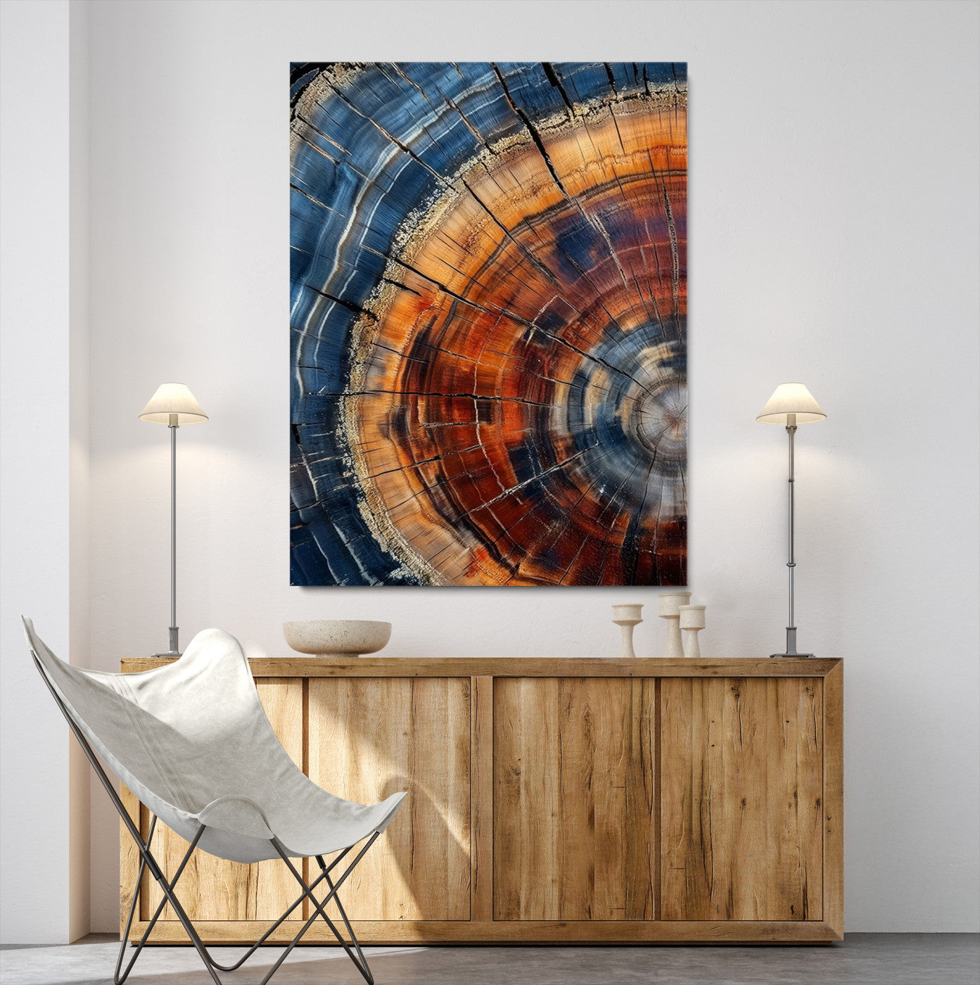 38379387-MGV-CV-36X24-Tree Rings Wall Art Canvas Print – Blue Wood Grain Rustic Texture Natural Earthy Nature Artwork for Home Office
