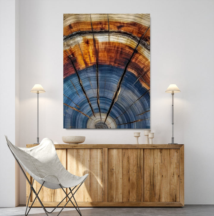 Tree Rings Wall Art Canvas Print, Framed Wood Texture Art Picture Print, Blue Grain Perfect Rustic Modern Decor Artwork