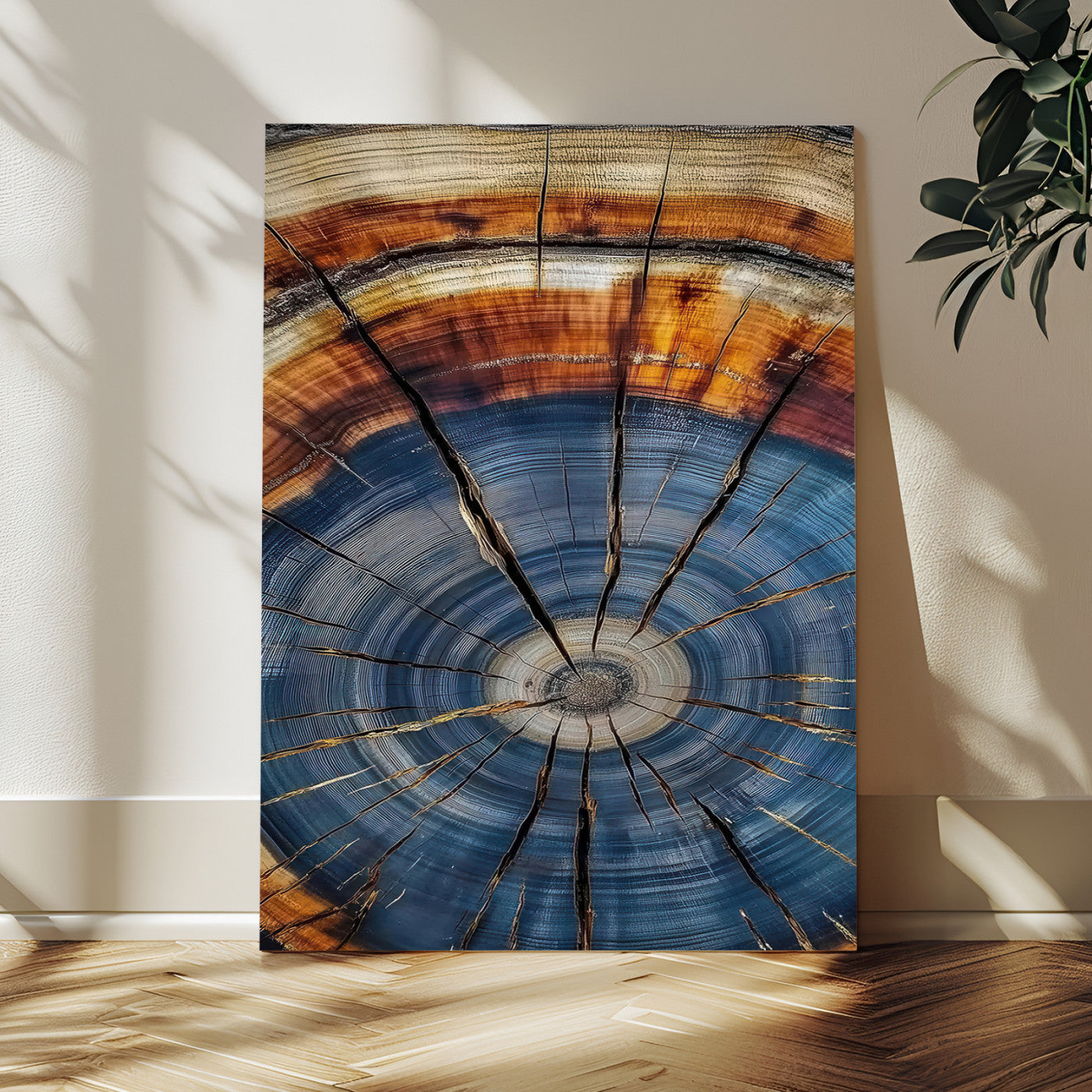 MGV-CV-24X36 - Tree Rings Wall Art Canvas Print, Framed Wood Texture Art Picture Print, Blue Grain Perfect Rustic Modern Decor Artwork