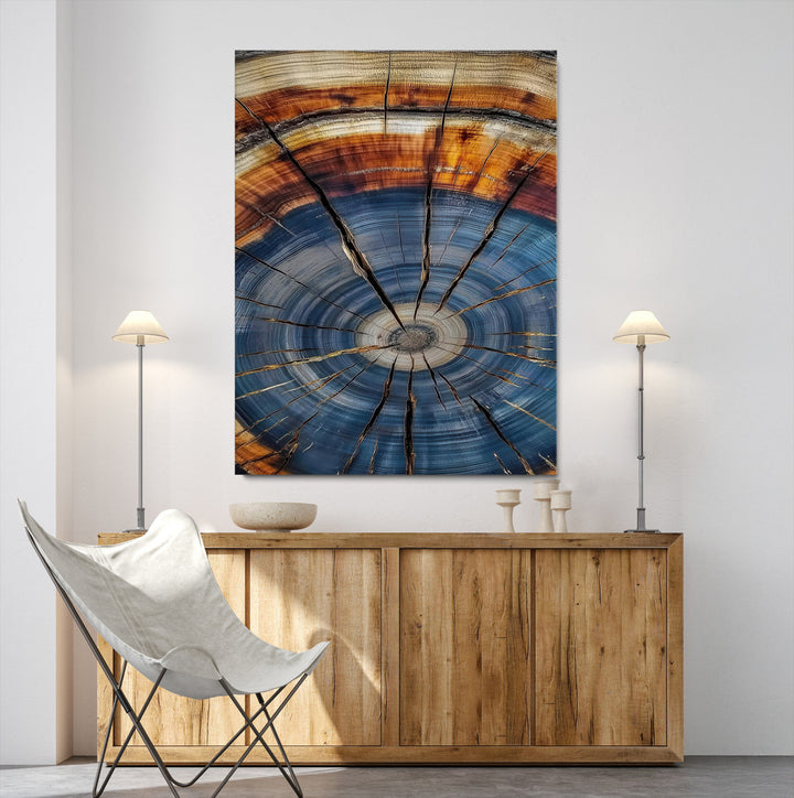 Tree Rings Wall Art Canvas Print, Framed Wood Texture Art Picture Print, Blue Grain Perfect Rustic Modern Decor Artwork, Wood Texture Wall Art Canvas
