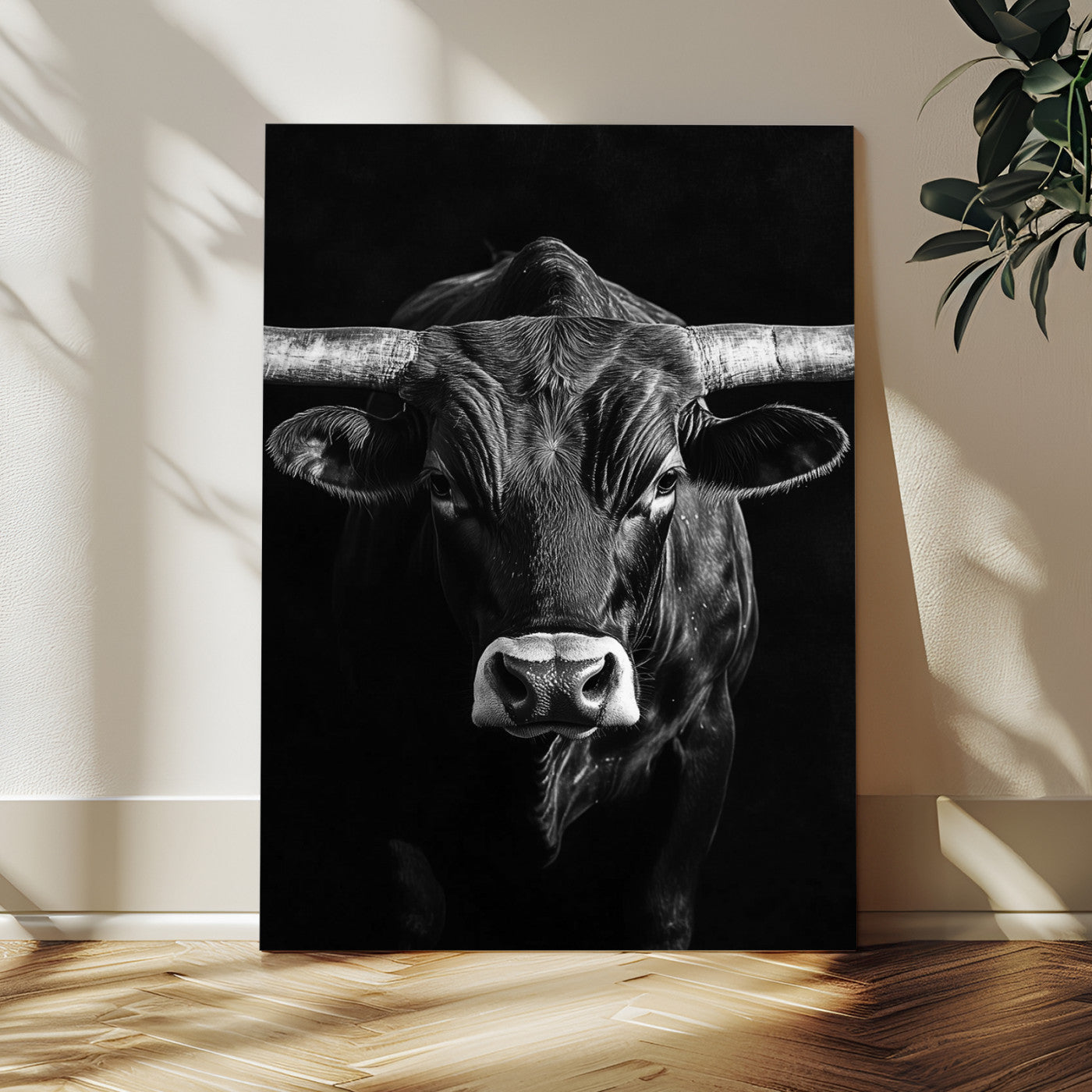 MGV-CV-24X36 - Texas Longhorn Wall Art Canvas Print, Framed Monochrome Bull Art Picture Print, Horned Bull Perfect Minimalist Western Decor Artwork