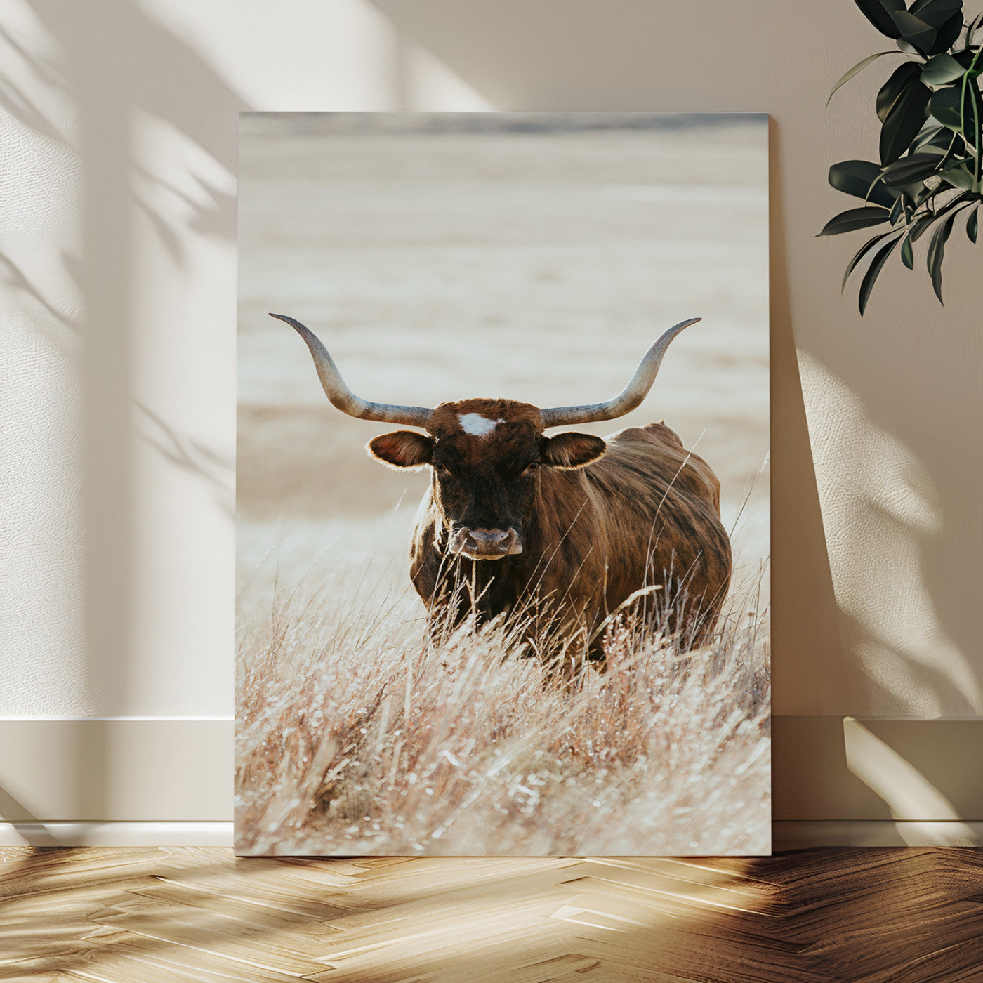 MGV-CV-24X36 - Texas Longhorn Wall Art Canvas Print, Framed Brown Cattle Art Picture Print, Horned Bull Perfect Rustic Western Decor Artwork