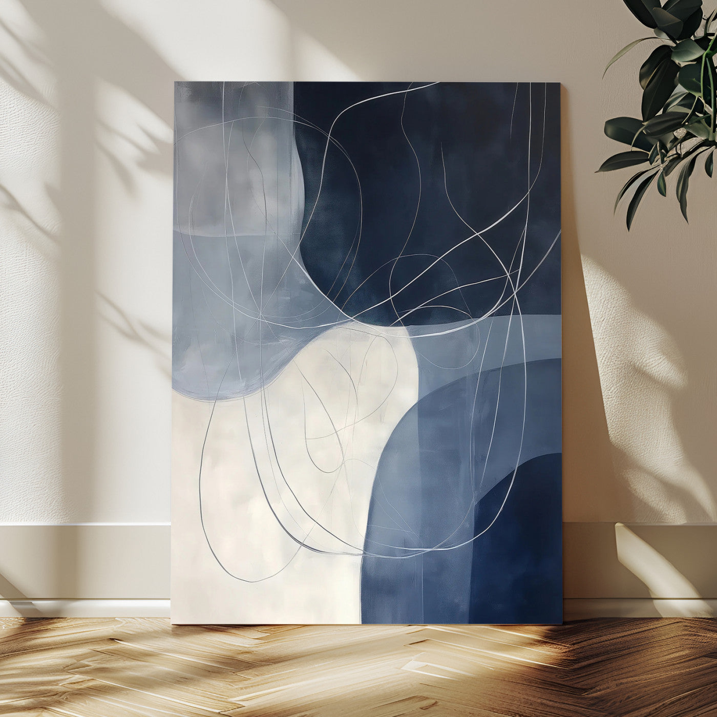 MGV-CV-24X36 - Navy Abstract Wall Art Canvas Print, Framed Minimal Lineart Art Picture Print, Abstract Shapes Perfect Minimalist Abstract Decor Artwork