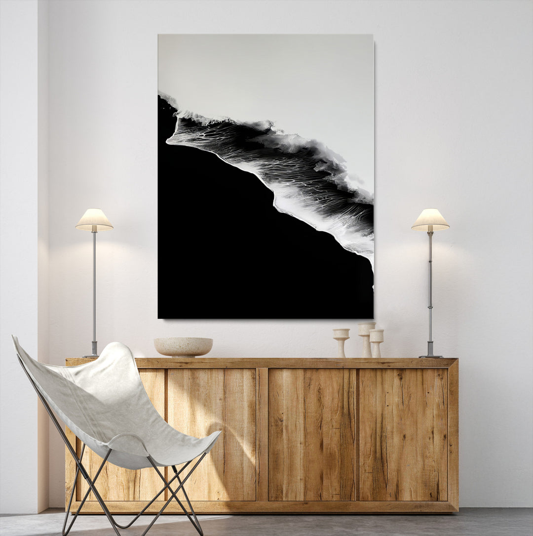Ocean Wave Wall Art Canvas Print, Abstract Wave Print, Framed Monochrome Sea Art Print, Large Ink Wave Form Printing Perfect for Modern