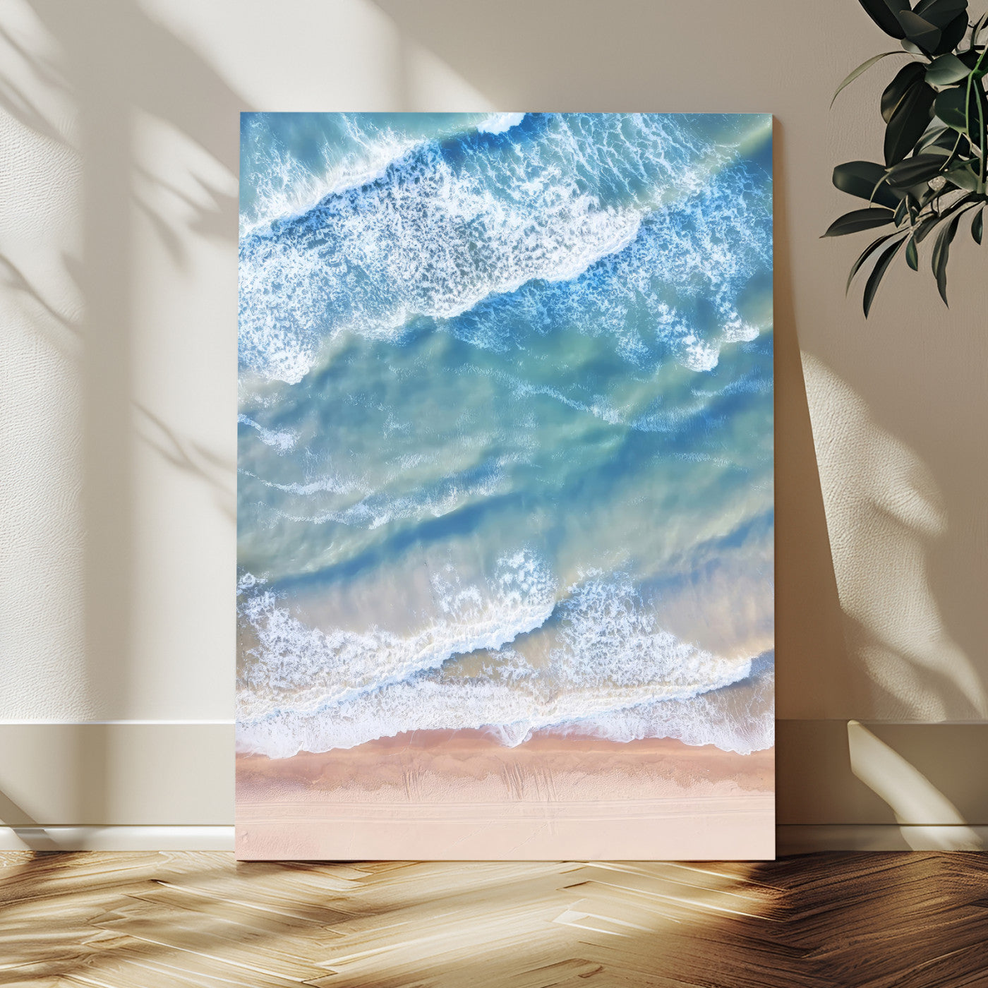 MGV-CV-24X36 - Aerial Ocean View Wall Art Canvas Print, Framed Soft Blue Waves Art Picture Print, Sandy Shoreline Perfect Modern Coastal Decor Artwork