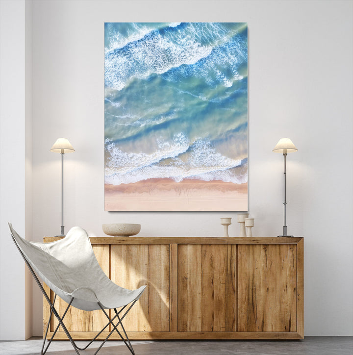 Aerial Ocean Wall Art Canvas Print, Soft Blue Waves Print, Framed Soft Blue Waves Canvas