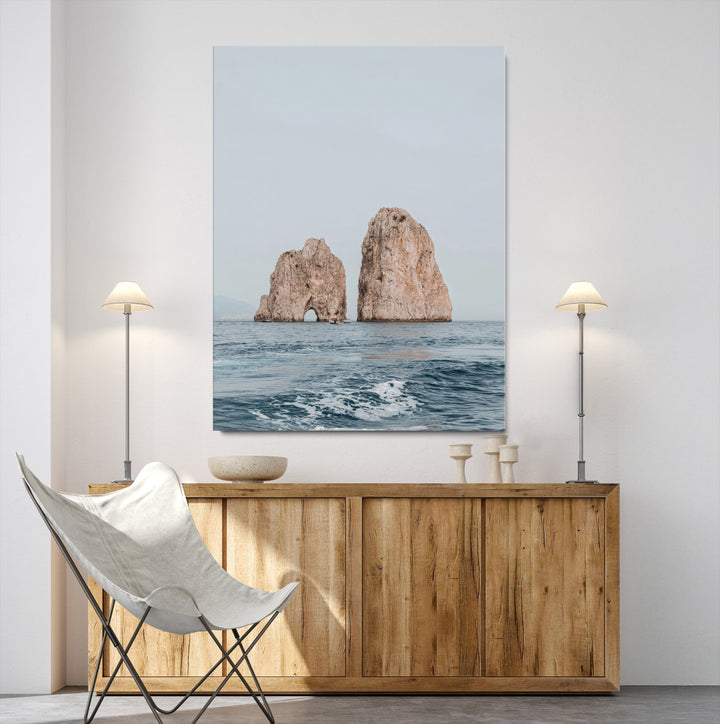 Faraglioni Capri Wall Art Canvas Print, Serene Ocean Print, Framed Mediterranean Coastal Art Print, Large Rocky Ocean Printing