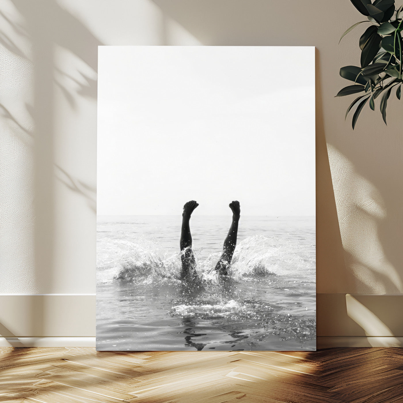 MGV-CV-24X36 - Minimal Ocean Wall Art Canvas Print, Framed Monochrome Diving Art Picture Print, Swimmer in Sea Perfect Minimalist Coastal Decor Artwork