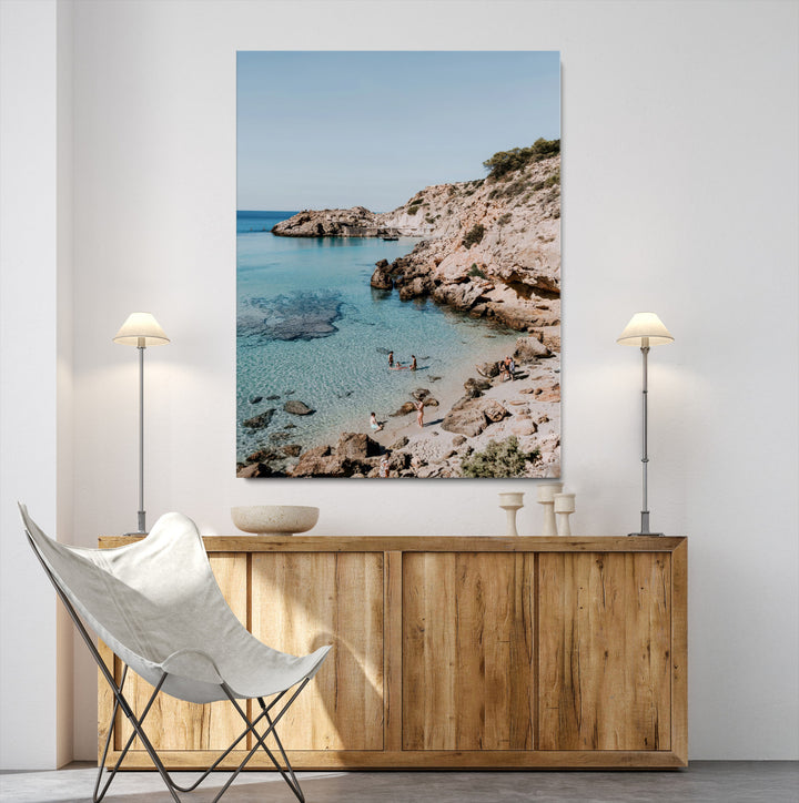 Turquoise Cove Wall Art Canvas Print, Ibiza Beach Print, Framed Mediterranean Shore Art Print, Large Clear Shoreline Printing Boho