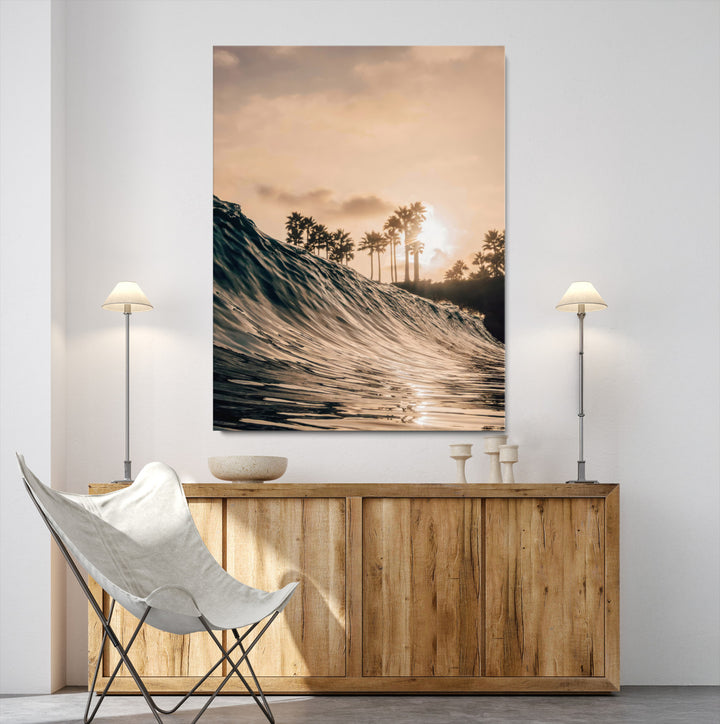 Golden Hour Ocean Wall Art Canvas Print, Tropical Beach Sunset Print, Framed Palm Tree Silhouettes Art Print, Large Warm Coastal