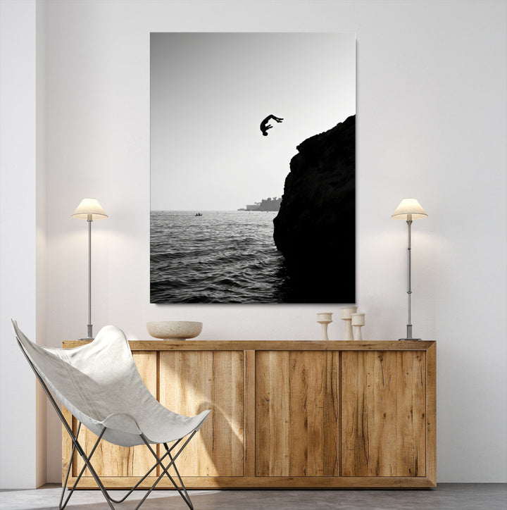Cliff Jumping Wall Art Canvas Print, Black White Ocean Print, Framed Monochrome Cliff Dive Art Print, Large Coast Dive Printing,
