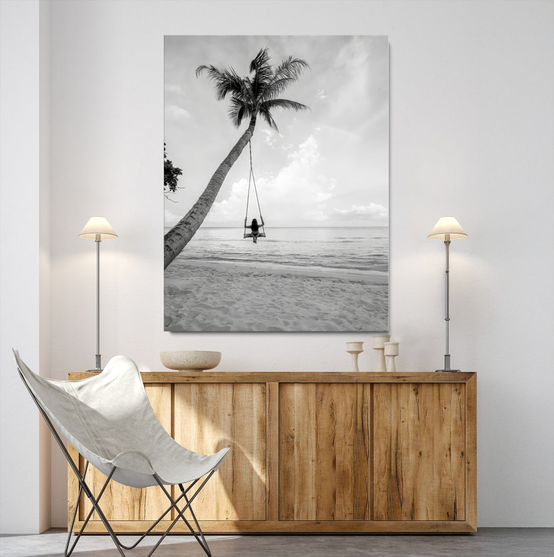 Black White Palm Tree Wall Art Canvas Print, Minimalist Beach Swing Print, Framed Monochrome Coastal Art Print, Large Tropical Ocean