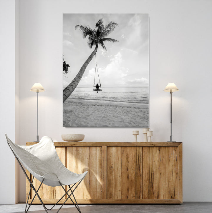 Black White Palm Tree Wall Art Canvas Print, Minimalist Beach Swing Print, Framed Monochrome Coastal Art Print, Large Tropical Ocean