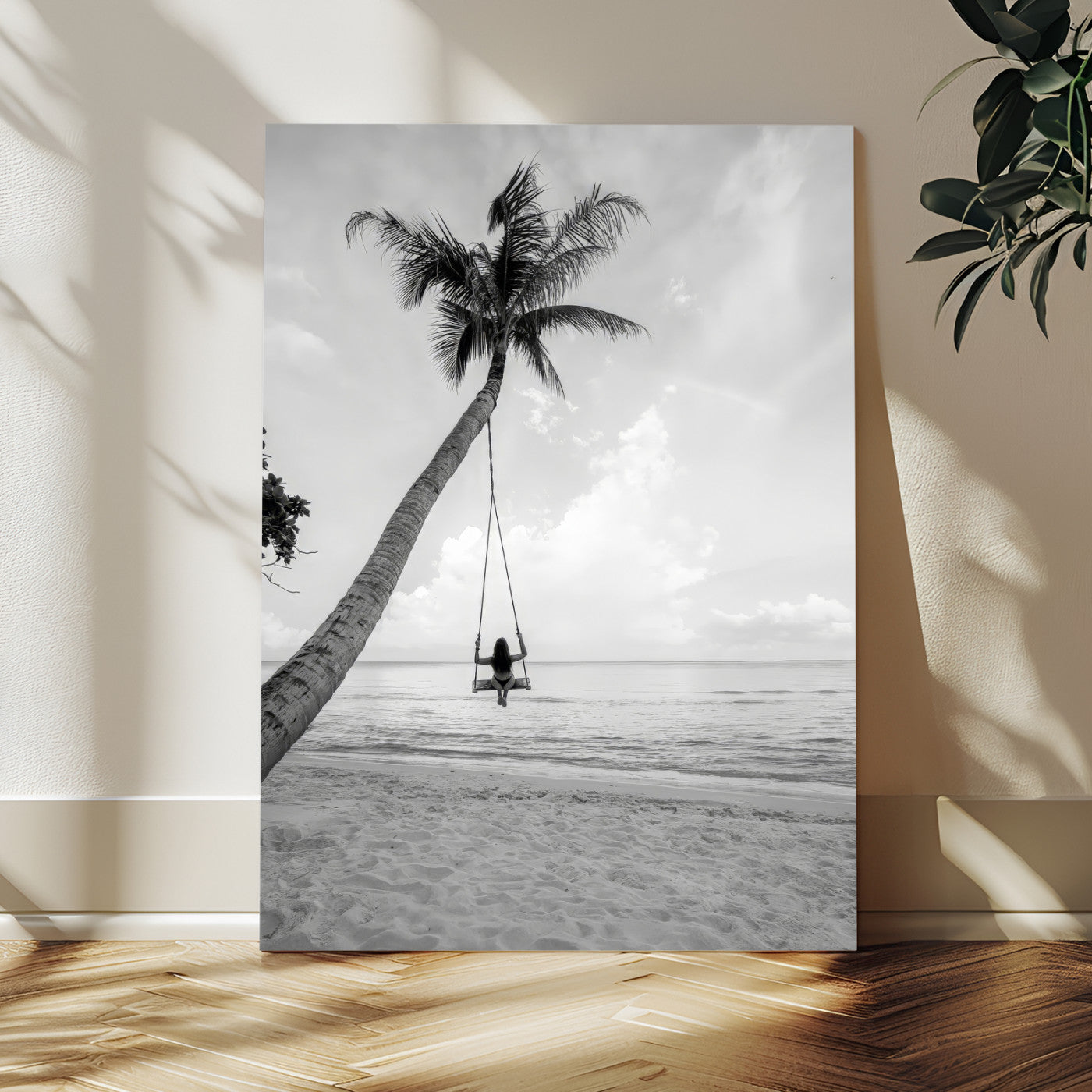 MGV-CV-24X36 - Black White Palm Tree Wall Art Canvas Print, Framed Minimalist Beach Swing Art Picture Print, Monochrome Coastal Perfect Minimalist Coastal Decor Artwork