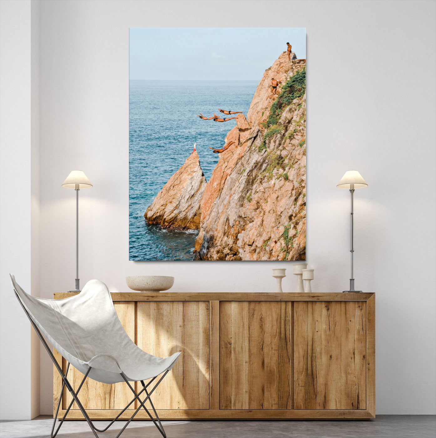 74527880-MGV-CV-40X27-Cliff Divers Wall Art Canvas Print, Framed Oceanfront Art Picture Print, Coastal Perfect Adventurous Decor