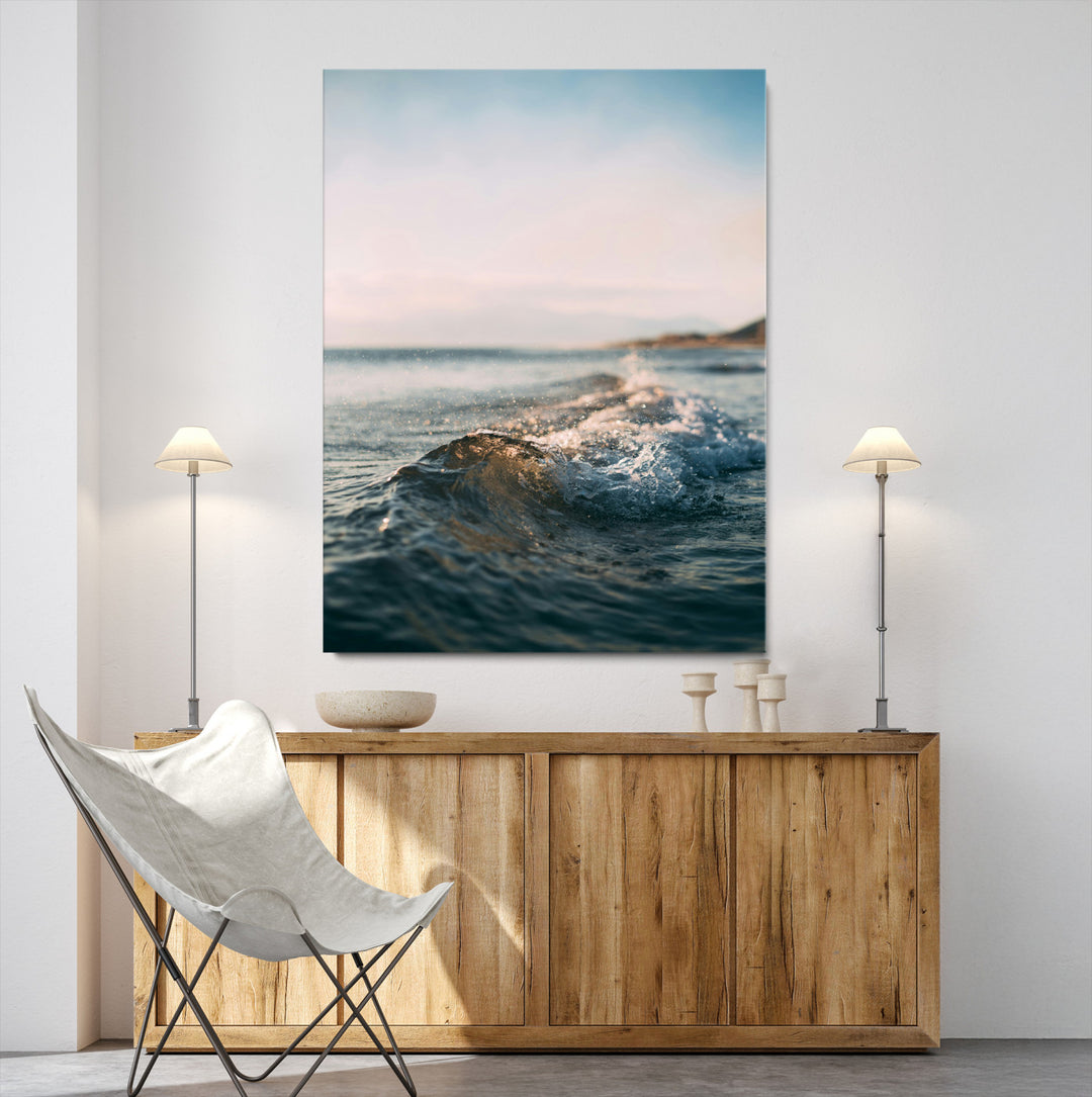 Ocean Waves Wall Art Canvas Print, Framed Coastal Serenity Wall Art Print, Golden Hour Perfect Modern Coastal Decor Artwork