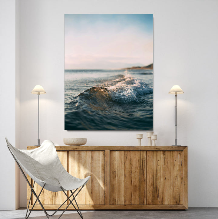 Ocean Waves Wall Art Canvas Print, Framed Coastal Serenity Wall Art Print, Golden Hour Perfect Modern Coastal Decor Artwork