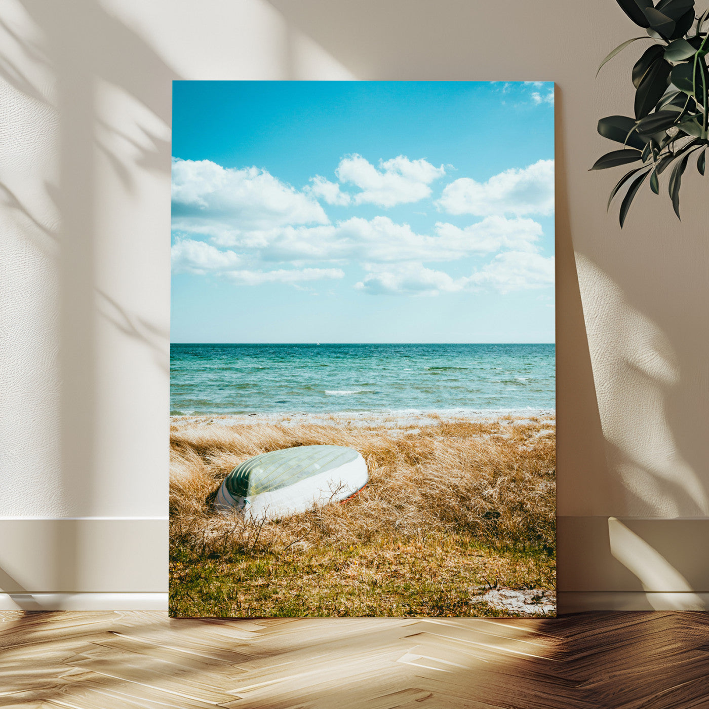 MGV-CV-24X36 - Coastal Serenity Wall Art Canvas Print, Framed Ocean View Art Picture Print, Rustic Boat Perfect Nautical Coastal Decor Artwork