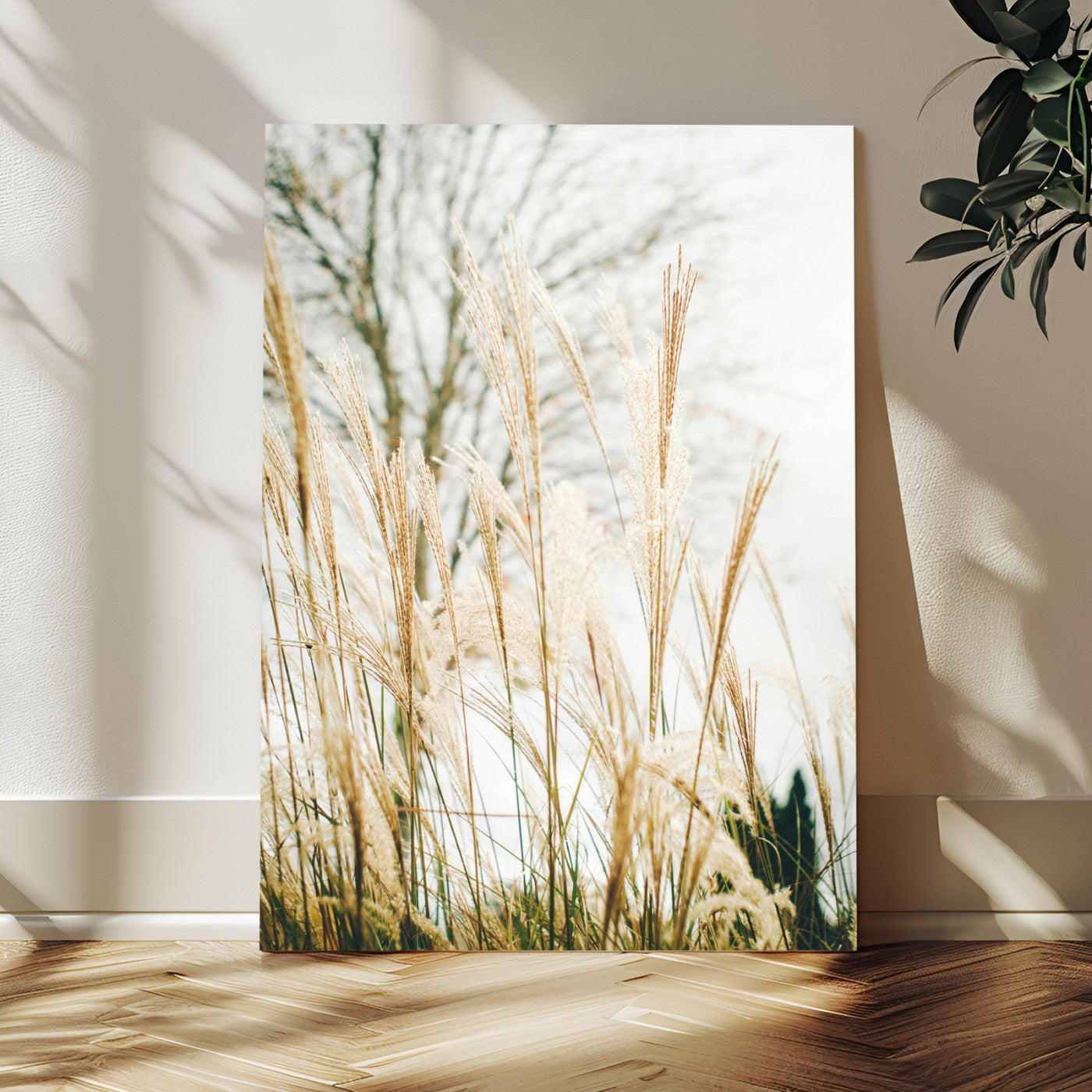 MGV-CV-24X36 - Pampas Grass Wall Art Canvas Print, Framed Neutral Tones Art Picture Print, Minimalist Nature Perfect Boho Minimalist Decor Artwork