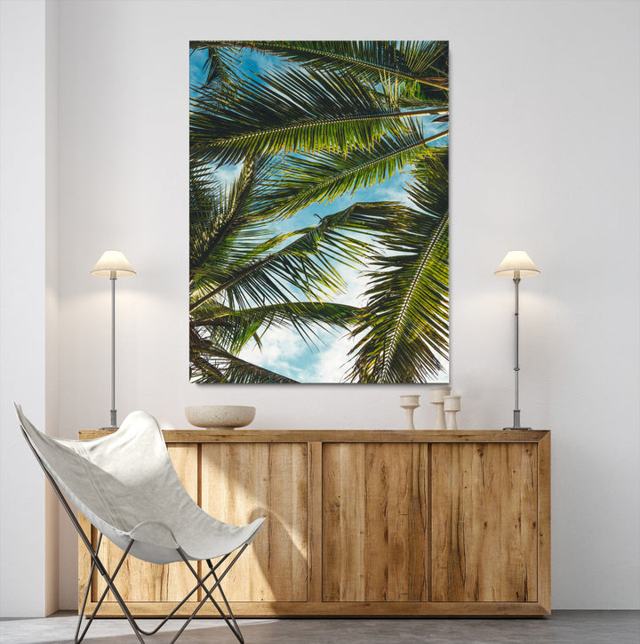 Palm Leaves Wall Art Canvas Print, Framed Tropical Vibes Art Picture Print, Green Foliage Perfect Tropical Boho Decor Artwork