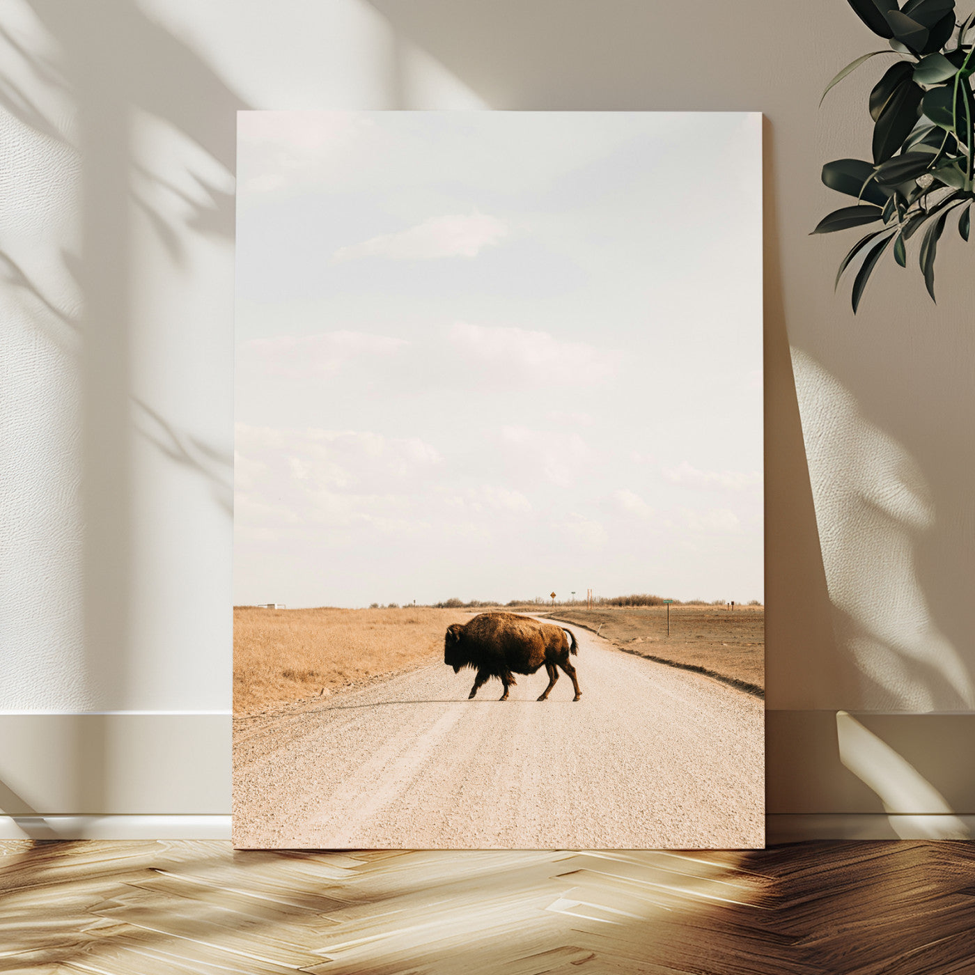MGV-CV-24X36 - Bison Crossing Wall Art Canvas Print, Framed Western Landscape Art Picture Print, Prairie Road Perfect Modern Ranch Decor Decor Artwork