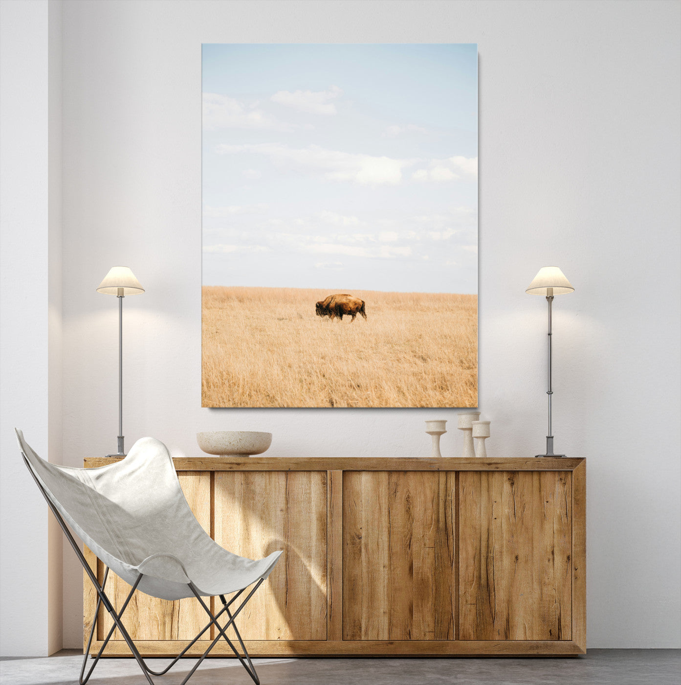 96766166-MGV-CV-24X36-Minimalist Nature Wall Art Canvas Print, Framed Bison In Grassland Art Print, Open Field Perfect Modern Ranch Decor Decor Artwork
