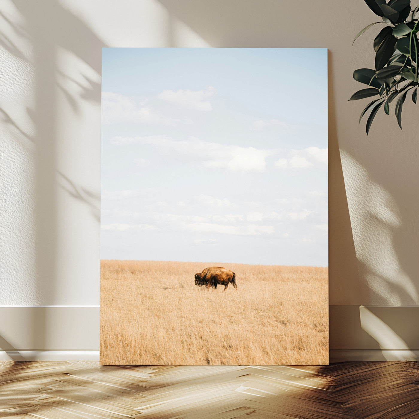 96766166-MGV-CV-24X36-Minimalist Nature Wall Art Canvas Print, Framed Bison In Grassland Art Picture Print, Open Field