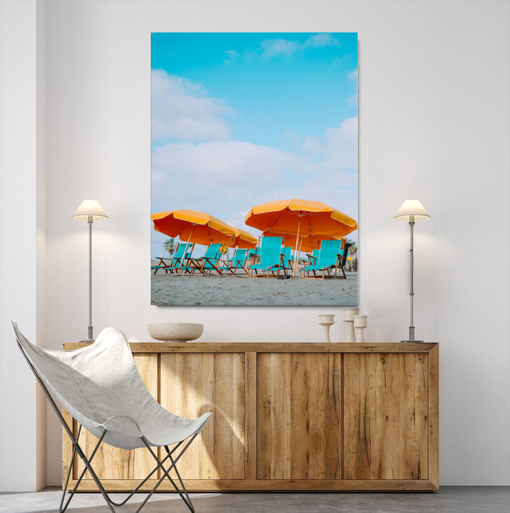 Beach Umbrellas Wall Art Canvas Print, Framed Coastal Vibes Art Picture Print, Tropical Paradise Perfect Coastal Boho Decor Artwork