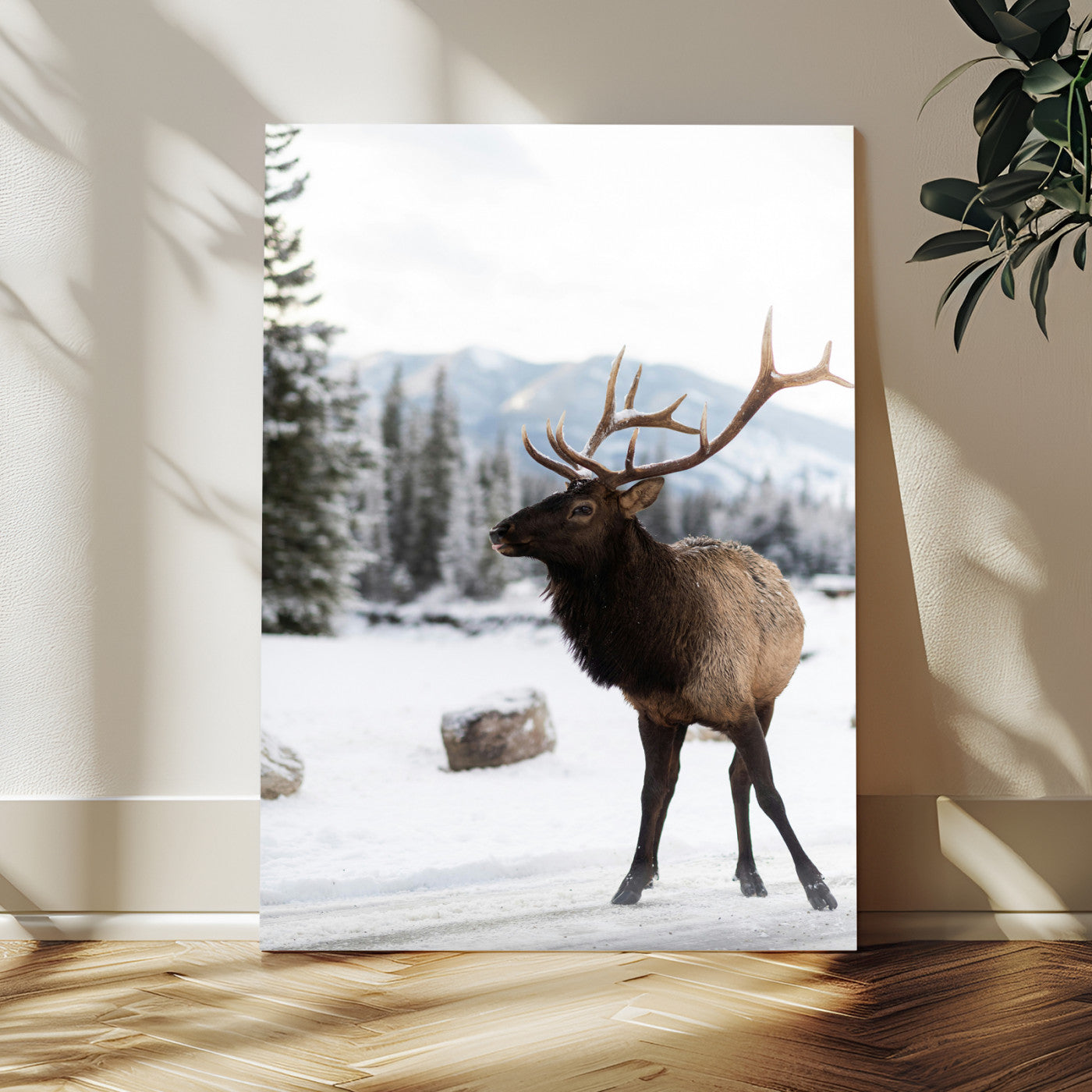 MGV-CV-24X36 - Elk Photography Wall Art Canvas Print, Framed Winter Wildlife Art Picture Print, Snowy Mountains Perfect Rustic Cabin Decor Decor Artwork
