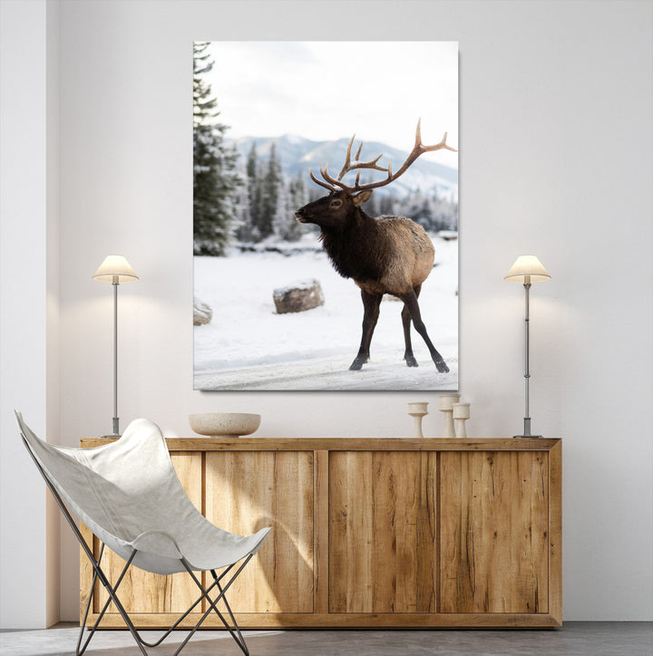 Elk Photography Wall Art Canvas Print, Framed Winter Wildlife Art Picture Print, Snowy Mountains Perfect Rustic Cabin Decor Decor Artwork