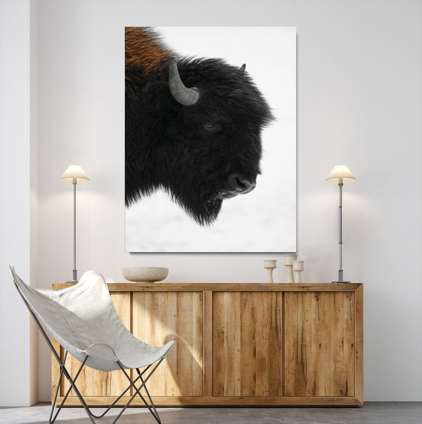 73956942-MGV-CV-24X36-Western Rustic Wall Art Canvas Print, Framed Buffalo Photography Art Picture Print, Black and White Wildlife Perfect Country Decor Artwork