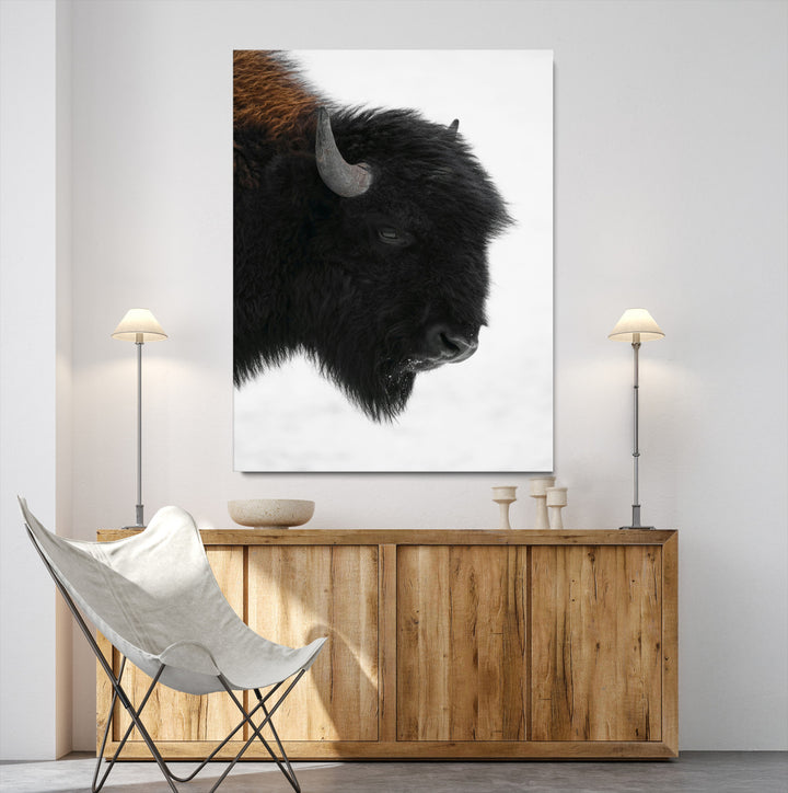 Western Rustic Wall Art Canvas Print, Framed Buffalo Photography Art Picture Print, Black and White Wildlife Perfect Modern Ranch Decor