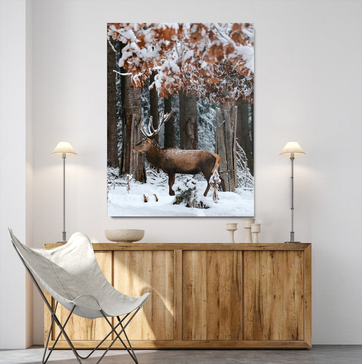Serene Landscape Wall Art Canvas Print, Framed Winter Wonderland Art Picture Print, Winter Deer Canvas Perfect Rustic Cabin Decor Artwork