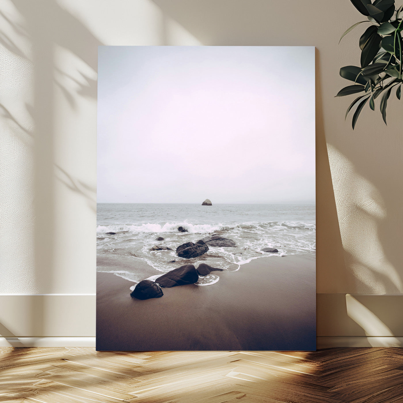 MGV-CV-24X36 - Moody Seascape Wall Art Canvas Print, Framed Neutral Beach Art Picture Print, Foggy Ocean Perfect Minimalist Decor Artwork