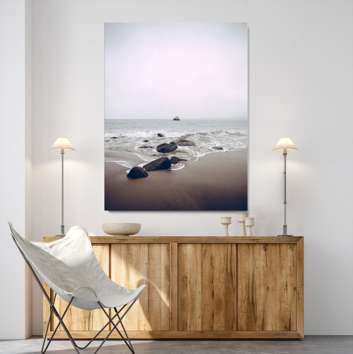 38272740-MGV-CV-24X36-Moody Seascape Wall Art Canvas Print – Foggy Ocean Waves Neutral Beach Scene Tranquil Coastal Nature Artwork for Home Office