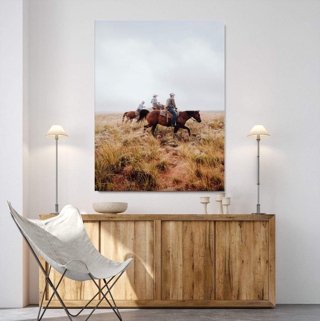 Golden Grassland Wall Art Canvas Print, Framed Western Frontier Mood Art Picture Print, Open Range Riders Perfect Rustic Western Decor