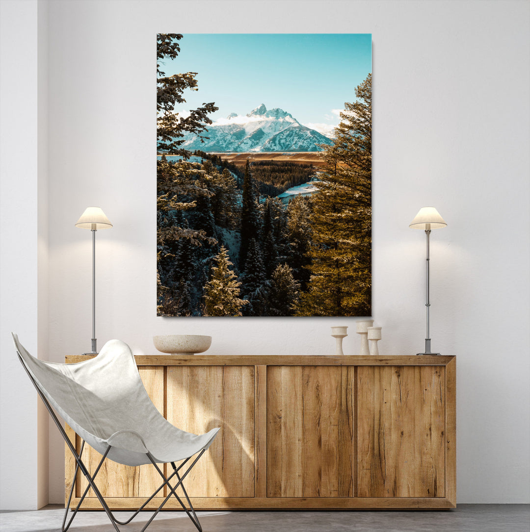 Mountain Landscape Wall Art Canvas Print, Framed Snowy Peaks Art Picture Print, Nature Photography Perfect Rustic Lodge Decor Artwork