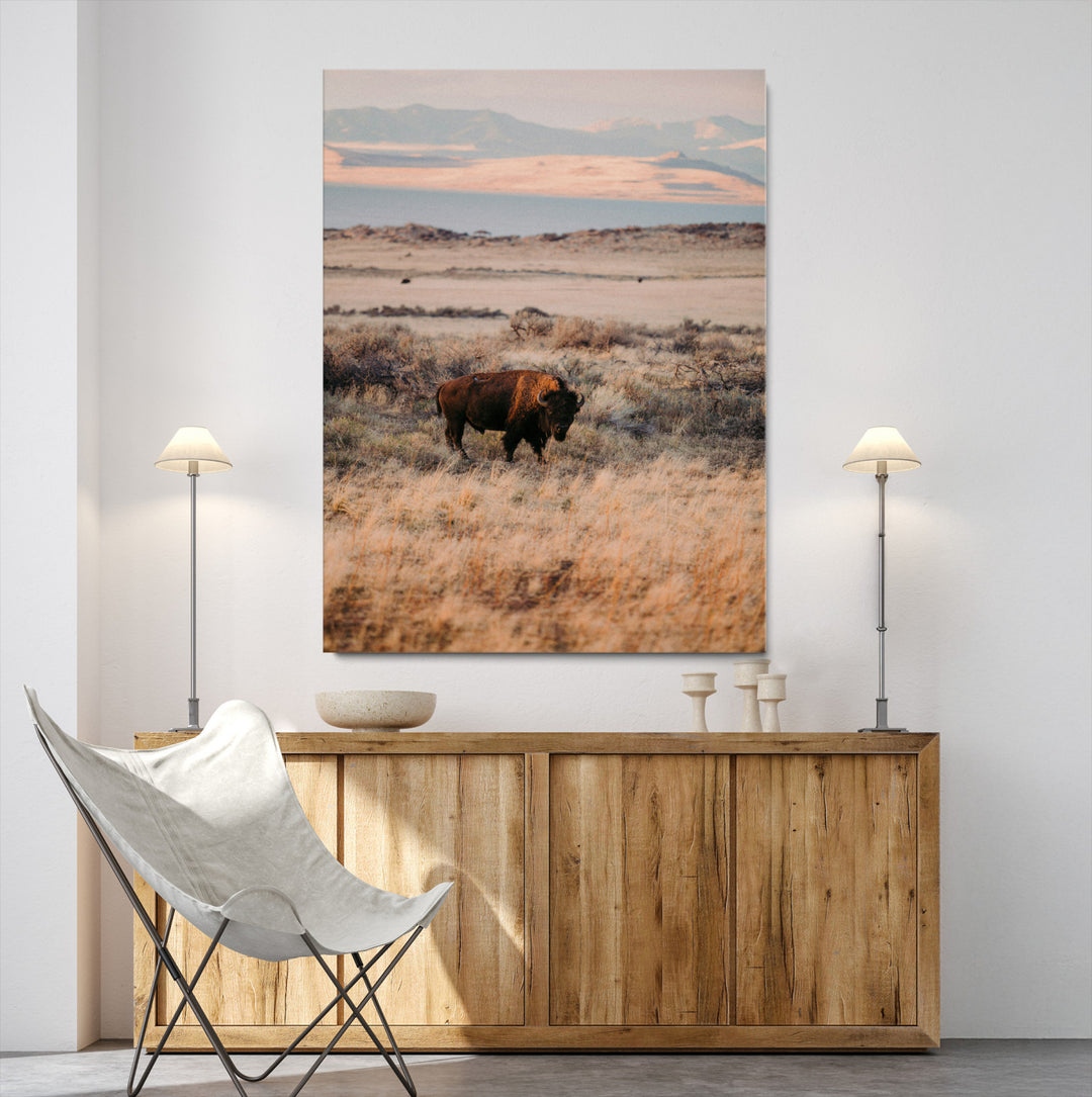Solitary Buffalo Wall Art Canvas Print, Framed Golden Prairie Art Picture Print, Earthy Tones Perfect Rustic Western Decor Artwork