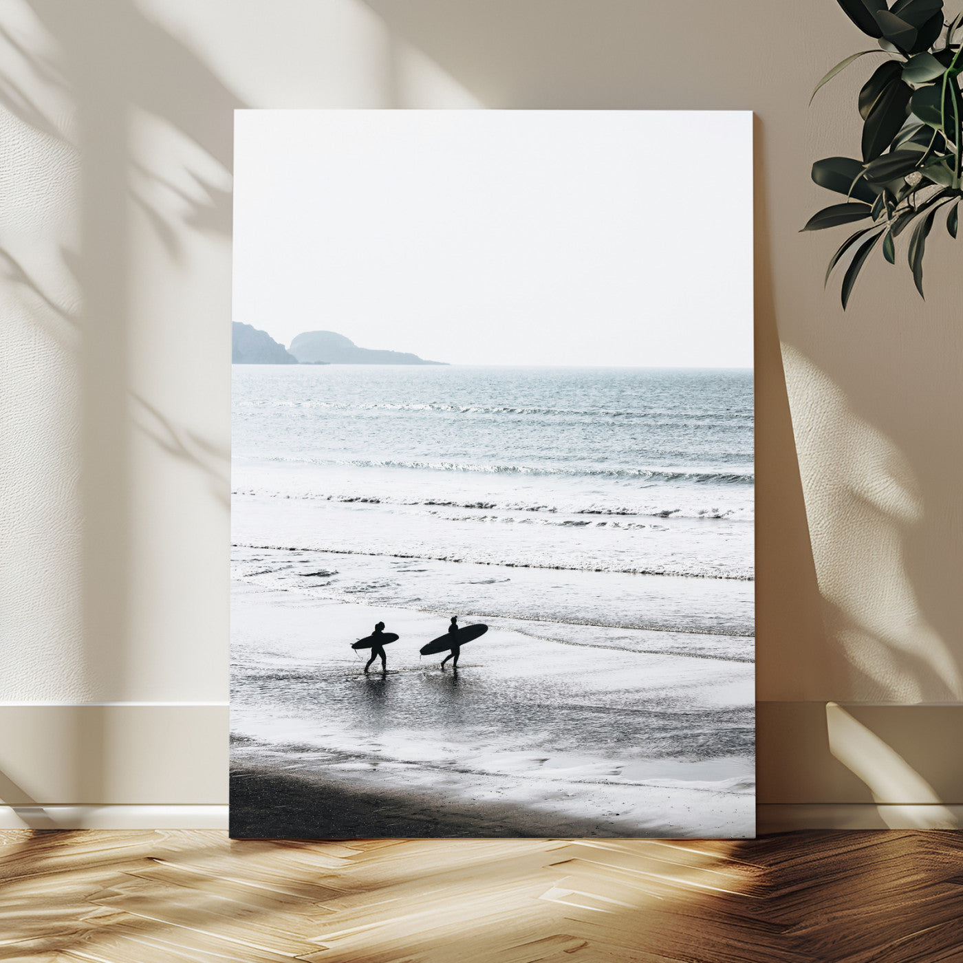 MGV-CV-24X36 - Surfer Silhouettes Wall Art Canvas Print, Framed Minimalist Ocean Art Picture Print, Soft Horizon Perfect Minimalist Coastal Decor Artwork