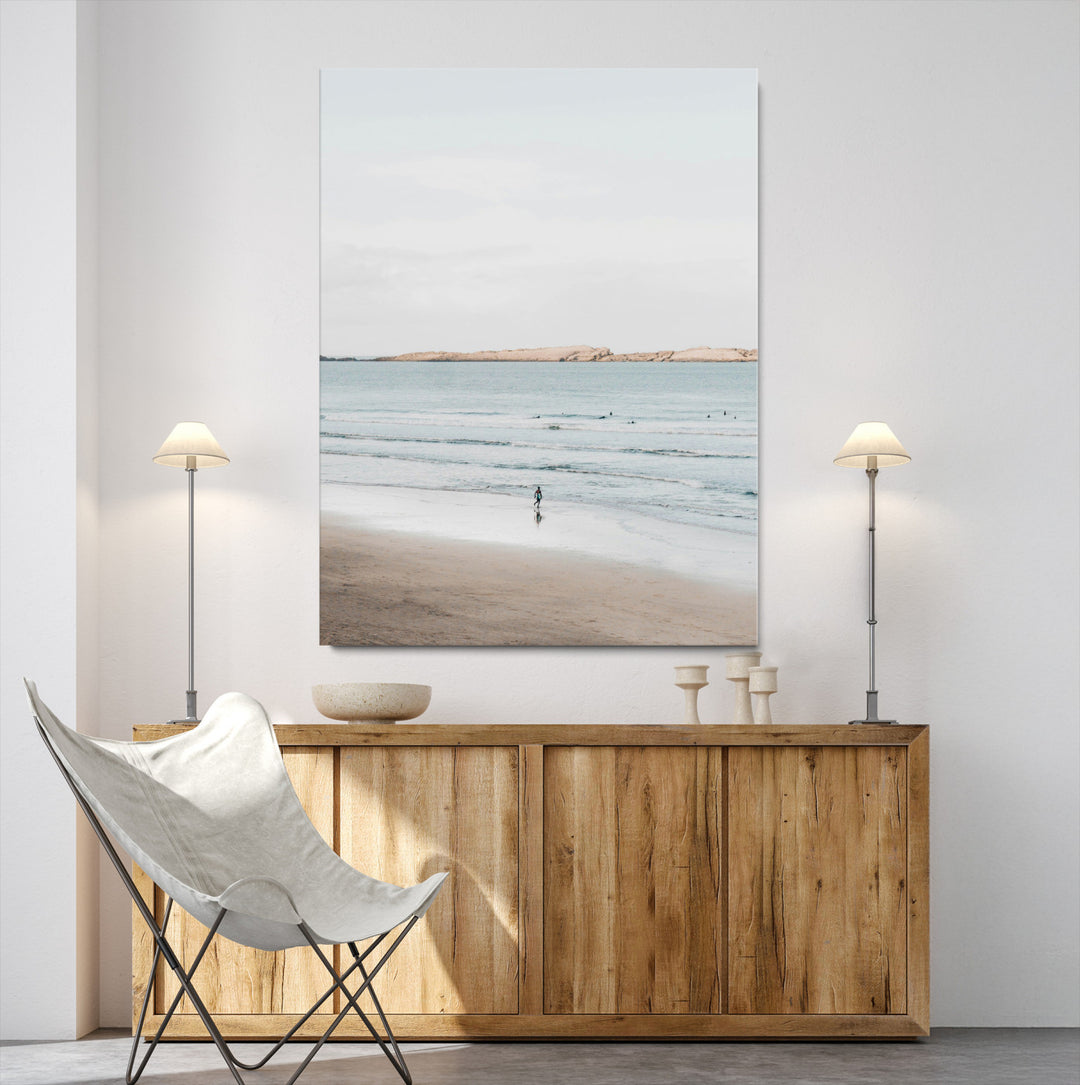 Minimalist Beach Art Canvas Print, Soft Blue Tones Print, Framed Tranquil Ocean Art Print, Large Calm Horizon Printing Coastal,