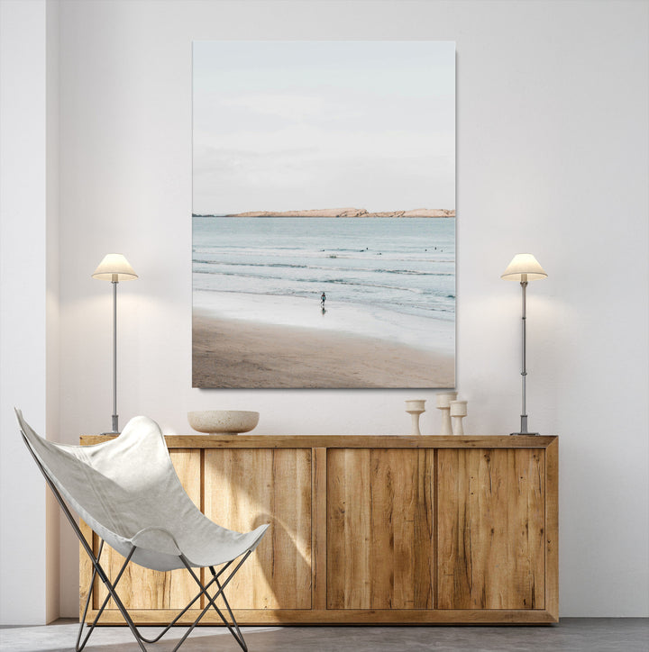 Minimalist Beach Art Canvas Print, Soft Blue Tones Print, Framed Tranquil Ocean Art Print, Large Calm Horizon Printing Coastal,