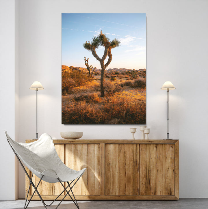 Framed Joshua Tree Print, Golden Hour Desert Print, Framed Sunset Glow Art Print, Large Arid Terrain Printing Southwestern
