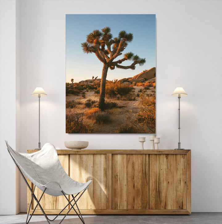 Joshua Tree Artwork Canvas Print, Desert Sunset Print, Framed Golden Hour Light Art Print, Large Southwestern Landscape Printing, Framed